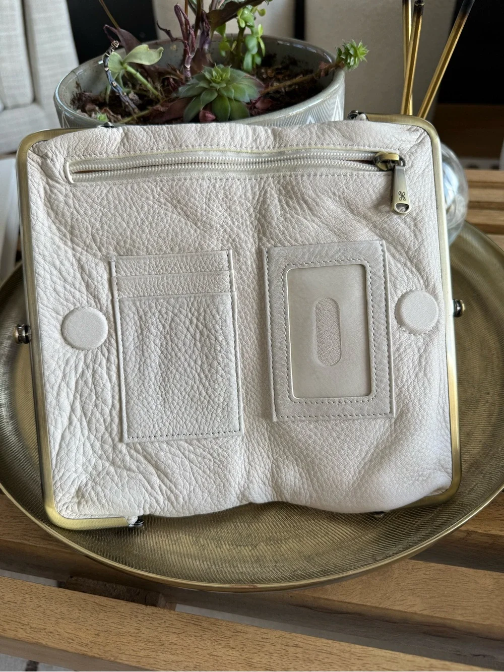 HOBO Cream Leather Clutch, magnetic closure & double kisslock side compartments